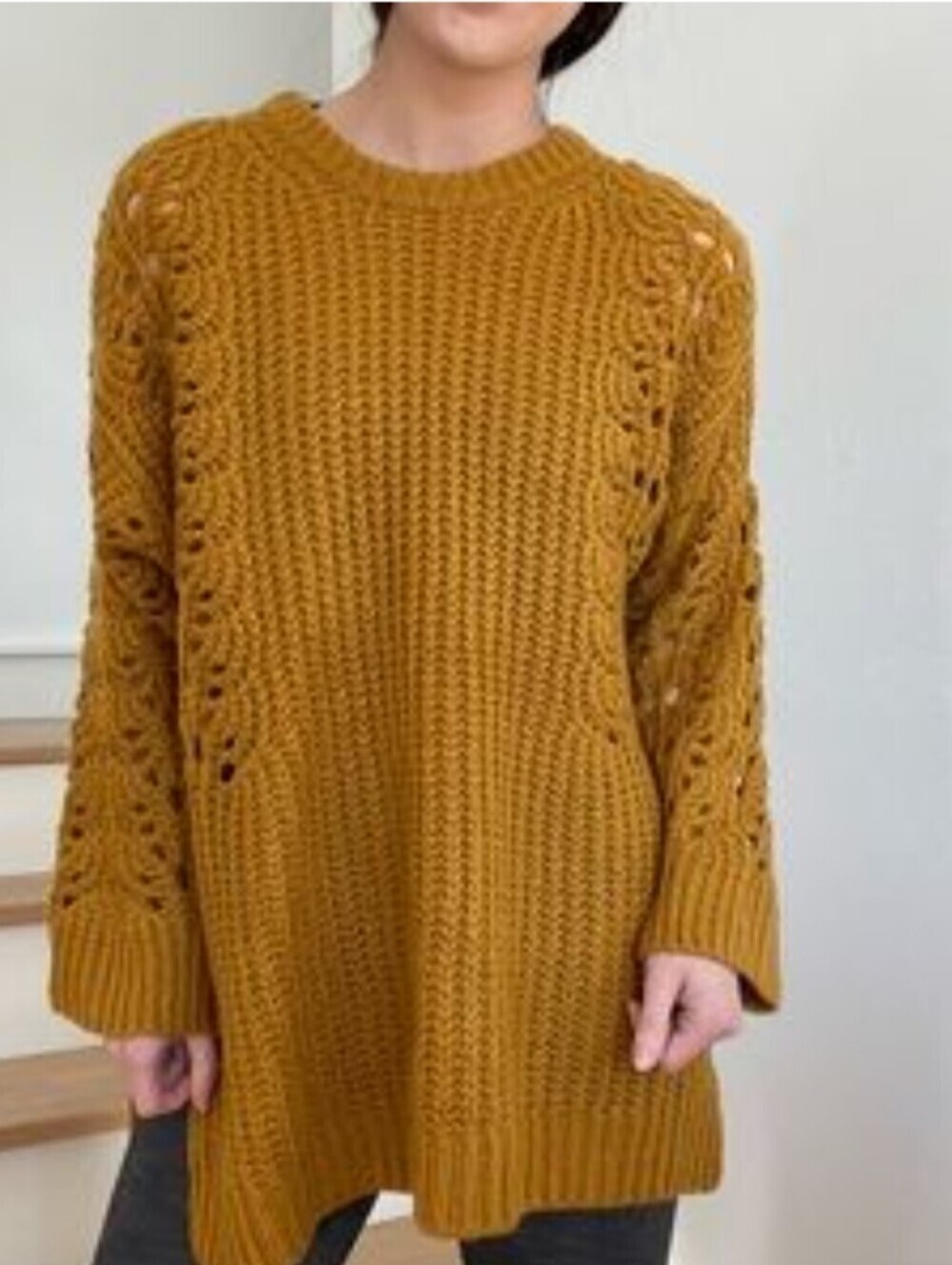 Anthropologie Pilcro Open Knit Cable Chunky Sweater Mustard Yellow Fall S